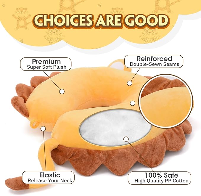 H HOMEWINS Travel Pillow for Kids,Cute Animal Neck Pillow for Boys Girls,Soft Neck Head Chin Support Pillow,Travel Accessories for Airplane, Car, Train,Recline(Lion)