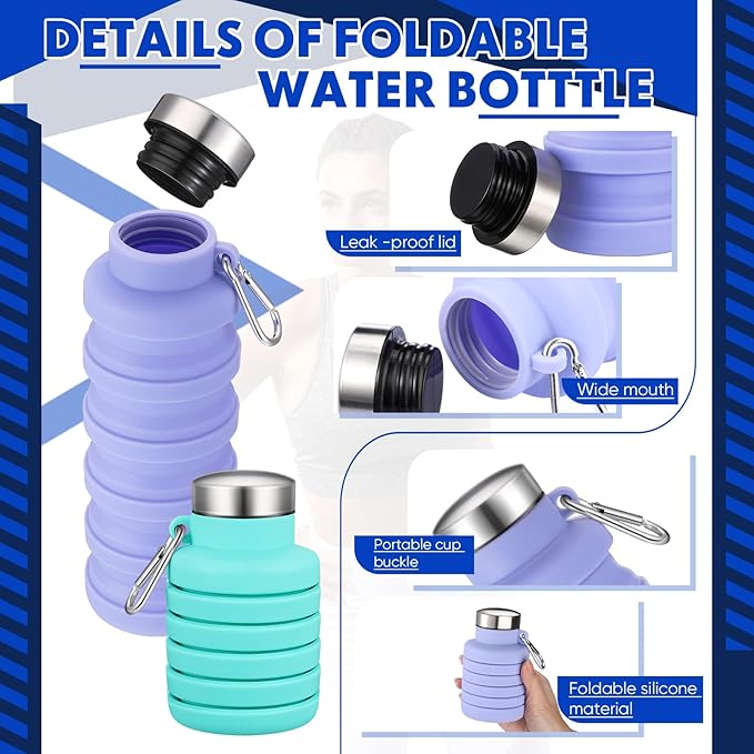 Baderke 2 Pcs Collapsible Water Bottles 17oz Silicone Travel Foldable Portable Water Bottle with Buckle Silicone Lightweight Reusable Leakproof for Camping Hiking Cycling Sport(Green, Purple)
