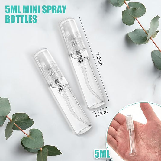 Zhehao 50 Pcs Mini Spray Bottles 5 ml Clear Glass Perfume Bottles Refillable Fine Mist Perfume Atomizer Portable Empty Sample Containers for Cleaning, Essential Oils, Travel (Clear Cap)