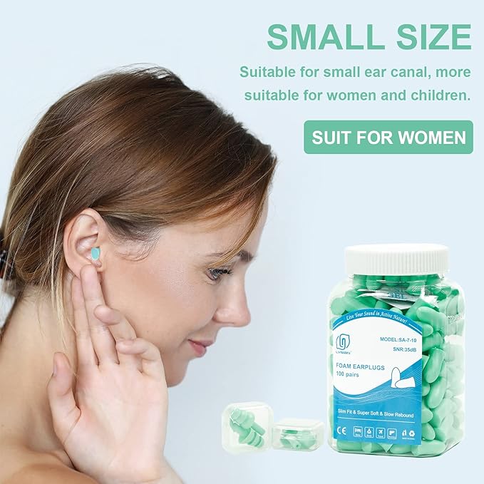 LYSIAN 100 Pairs Slim Foam Ear Plugs for Small Ear Canals Women, 35dB SNR Noise Canceling Sound Blocking Reduction Earplugs for Sleeping, Snoring, Work, Shooting, Studying, Loud Noise