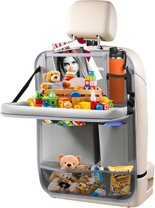 Car Backseat Organizer with Tablet Holder,6 Storage Pockets Car Storage Organizer with Foldable Food Tray,Kick Mats Backseat Protector Travel Accessories (Grey)