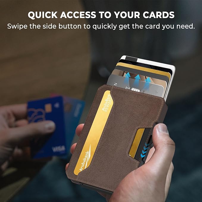 Slim Wallet for Men - Minimalist Mens Wallet with Money Clip, Aluminum Pop Up Card Case and Leather Slots Credit Card Holder RFID Blocking Wallet for Men with Gift Box