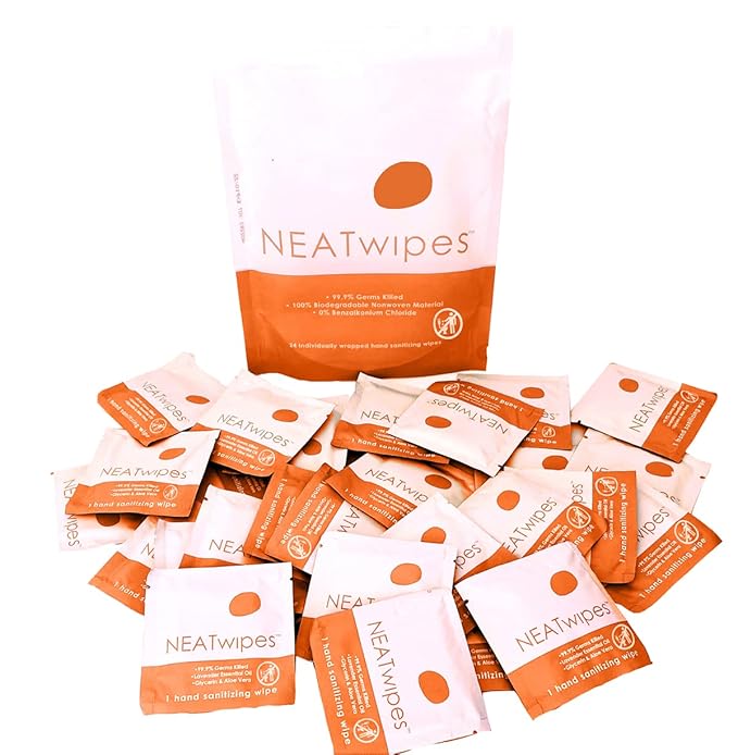 NEATwipes Hand Sanitizing Wipes | Travel Size | Disposable Wet Wipe & Biodegradable | Fresh Citrus Essential Oil | Soothing Aloe Vera | 24 Individually Wrapped Wipes