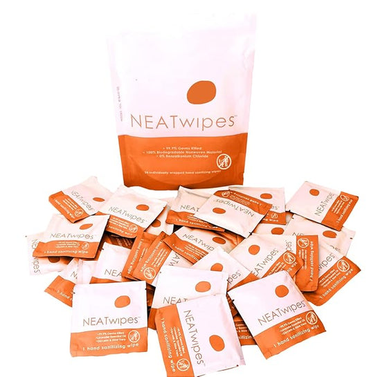 NEATwipes Hand Sanitizing Wipes | Travel Size | Disposable Wet Wipe & Biodegradable | Fresh Citrus Essential Oil | Soothing Aloe Vera | 24 Individually Wrapped Wipes