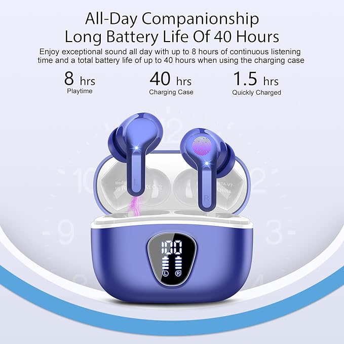 Wireless Earbuds, Bluetooth 5.4 Headphones HiFi Stereo, Bluetooth Earbuds with ENC Noise Cancelling Mic, IP7 Waterproof in Ear Earphones, 48H, LED Display Ear buds for Pad Phones Workout Sports, Blue