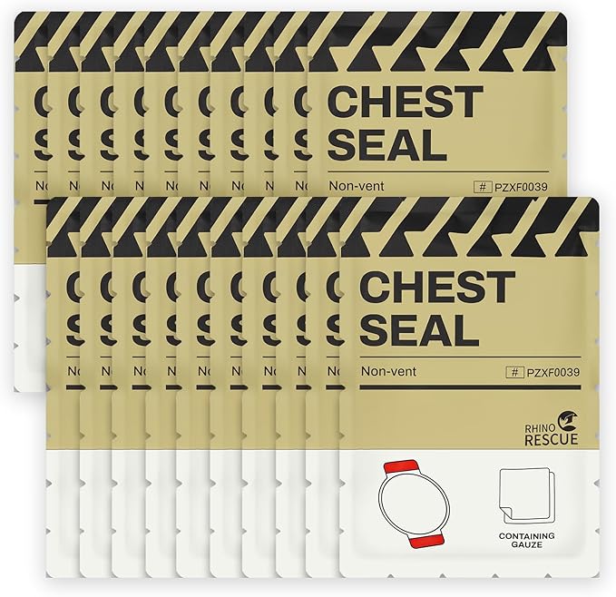 RHINO RESCUE Chest Seal Non-Vented, Sterile Emergency Trauma Dressing, Occlusive Adhesive Pad, IFAK Refill & Medical First Aid Supplies for Wound Care, Gunshot Wound, Sucking Chest (20 Count)