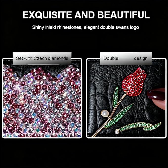 Bling Sparkle Rhinestone Flower Leather Credit Card Holder,10 Slots BlankDriver's License Holder for Women and Men, Multi-Functional Card Organizer for Documents, ID Cards, License (Black)