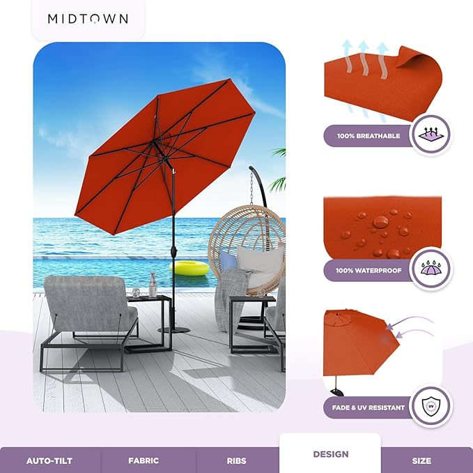 Midtown Umbrellas 10-Year-No-Fade - 10 Ft - UV Proof Apple Red Polyester Fabric - Umbrella Outdoor Patio, Aluminum Frame Large Patio Umbrella for Garden, Pool & Deck - Black Pole