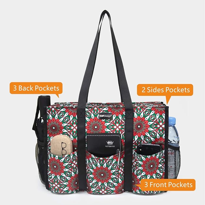 TOPDesign Utility Water Resistant Tote Bag with 13 Pockets, Top Zipper Closure & Thick Bottom Support, for Working Women