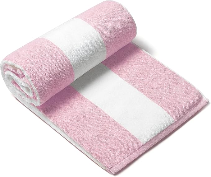 CLOWOOD Plush Oversized Beach Towel - Cotton 40 x 70 Inch Large Thick Pink Striped Cabana Pool Swimming Towel
