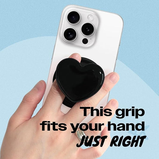 OnTheGrip Cute Solid Macaron Color Heart Shape Collapsible Mobile Phone Grip Stand Holder for Smartphone Tablet Cell Phone Accessory (Black)