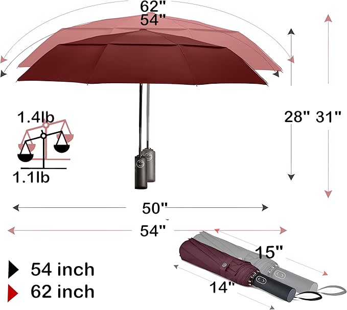 MRTLLOA 49/54/62 Inch Large Folding Golf Umbrella, Oversize Double Canopy Vented 10 Ribs Windproof Compact Travel Umbrellas for Rain