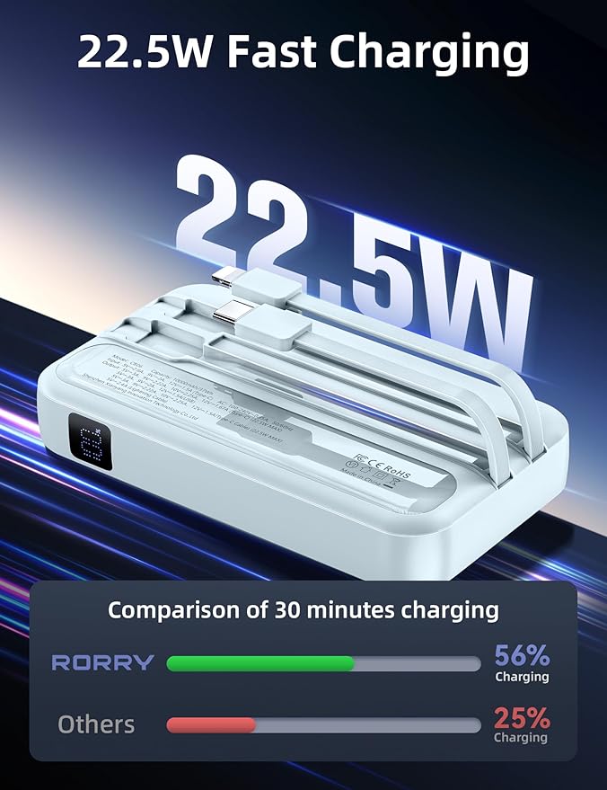 RORRY Portable Charger Built in Cables, AC Wall Plug in Portable Charger Power Bank 10000mAh Travel Battery Pack 22.5W Fast Charging for iPhone 17/16/15 Samsung Galaxy S24/S23/S22 Pixel LG iPad, Blue