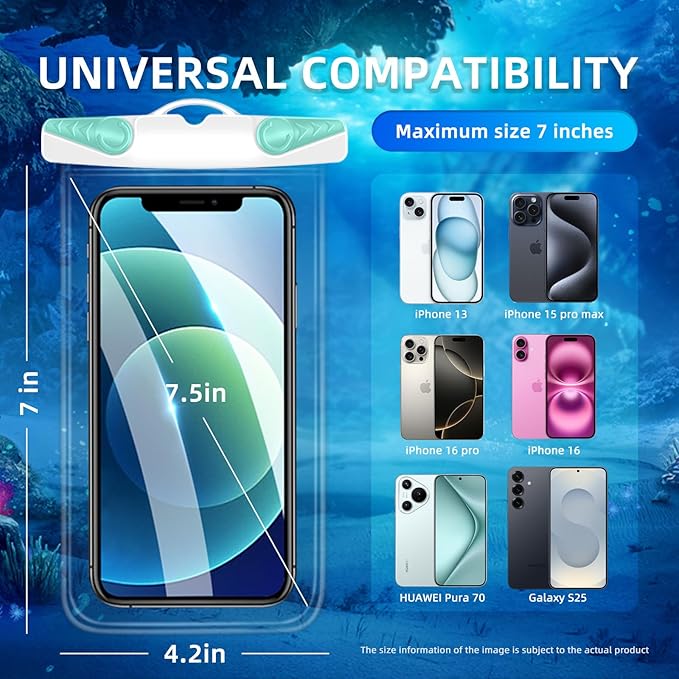 IPX8 Waterproof Phone Pouch for 16/15/14/13/12 Pro Max & Galaxy S24/S23 Samsung's Waterproof Phone case with Lanyard,Cellphone Dry Bag Beach Essentials-2 Bag 7.5 inches (White Green)