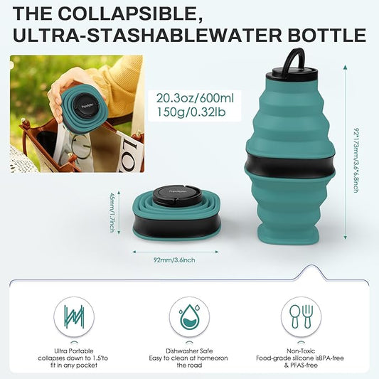 2pcs Collapsible Water Bottles,600ml Foldable Water Bottle BPA Free Reusable Lightweight LeakProof Silicone Bottle for Travel Hiking Camping Sports,Collapses to 1.5” with Anti-Collapse Ring