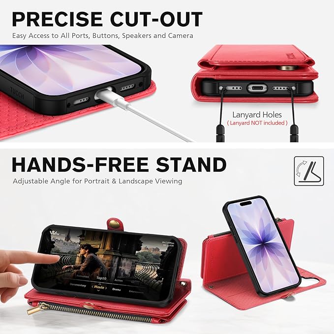 TUCCH Detachable Crossbody Wallet Case for iPhone 17 6.3", 9 Card Slots RFID Blocking | Stand | Lanyard | Wrist Strap | Wireless Charging | Zipper Pocket | PU Leather | Magnetic Flip Cover | Red
