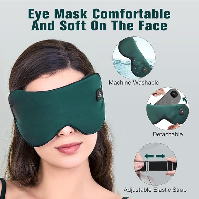 Heated Eye Mask, Rechargeable Detachable Washable Faux Silk Electric Cordless Dry Eyes Warmer Compress Graphene Sleep Mask Travel Gifts for Men Women, 3 Heat Levels & Auto-Off, Blackish Green