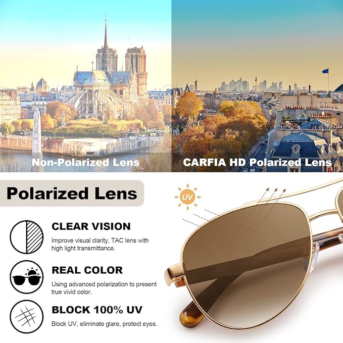 CARFIA Retro Trendy Pilot Sunglasses for Women Polarized UV Protection, Lightweight Outdoor Driving Lady Sunnies Metal Frame