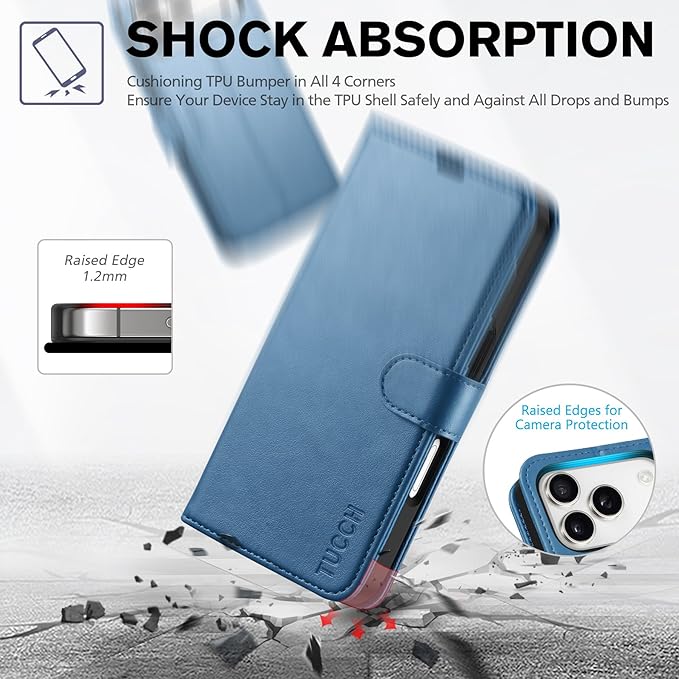 TUCCH Wallet Case for iPhone 17 Pro (6.3") 2025, 4 Card Slots, RFID Blocking, Stand, Shockproof TPU Shell, PU Leather, Magnetic Closure, Protective Flip Folio Cover, Light Blue