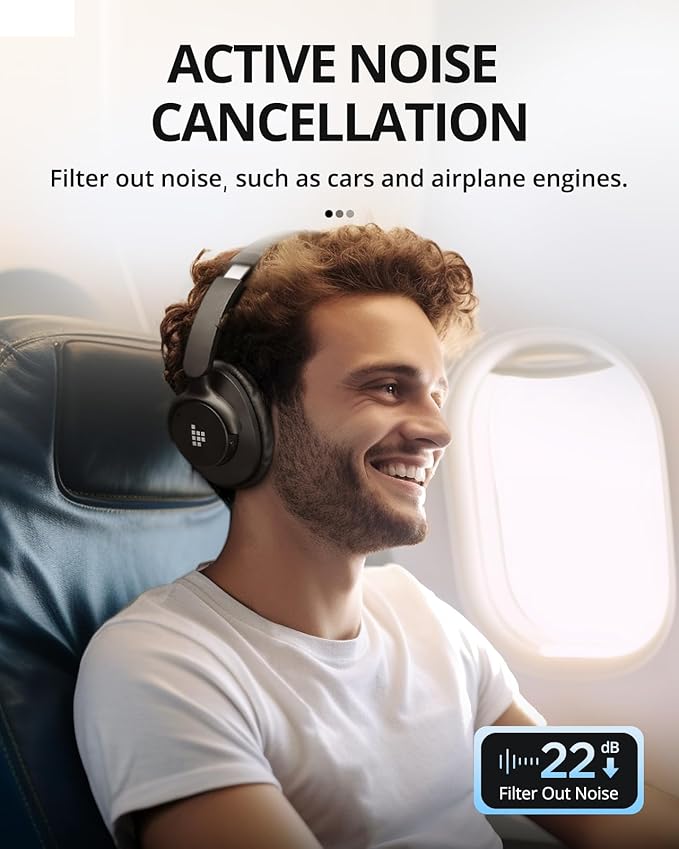 Tronsmart Sounfii Q20 Active Noise Cancelling Headphones, Wireless Over Ear Headphones, 60H Playtime, Rich-Detailed Sound, Customize EQ, Comfort Fit Ear Cups, for Travel, Home Office(Black)