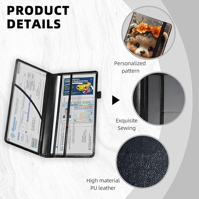 Car Registration and Insurance Holder PU Leather Vehicle Insurance and Registration Holders Wallet Case with Elastic Band Closure for ID Card, Driving Licence, Cute Raccoon Flower