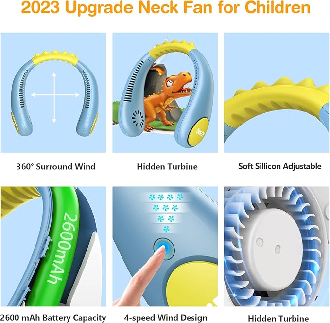 Kids Neck Fan, Portable Bladeless Fans for Kid 4-14Y Girls & Boys, 2600mAh USB Personal Mini Cooling Fan for Travel/Camping/Study, 4 Speeds, Lightweight, Compact, Perfect Summer Gifts for Kids