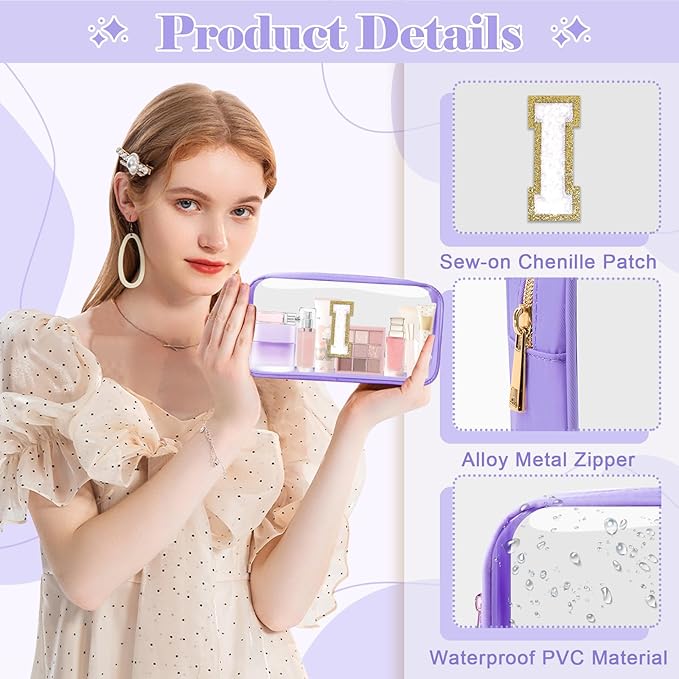 Personalized Initial Letter Clear Makeup Bag,Preppy Small Nylon&PVC Cosmetic Zipper Bag with Chenille Letter,Travel Skincare Toiletry Bag,Monogram Christmas Gift for Teen Girls Women,I