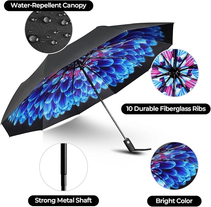 LLanxiry Compact Travel Umbrella, Automatic Open/Close Windproof Umbrella, 10 Fiberglass Ribs, 210T Pongee, UPF 50+ Sun/Rain, Lightweight Portable Umbrellas Travel Size with Carry Sleeve