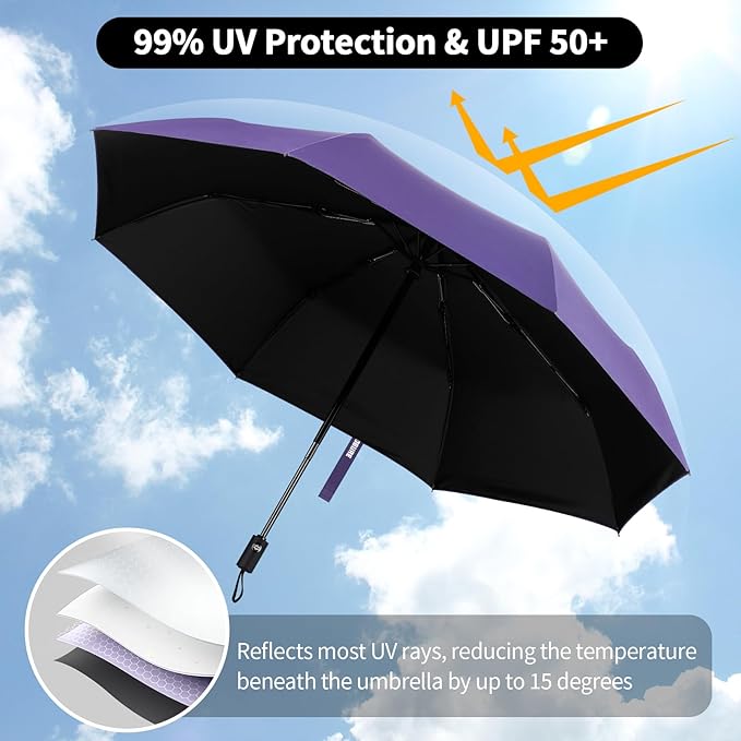 Yoobure Windproof Travel Umbrella - Automatic Umbrellas for Rain, Compact Folding Umbrella with UV Protection, Lightweight Portable Design for Backpack/Walking/Car, Sun & Storm Ready