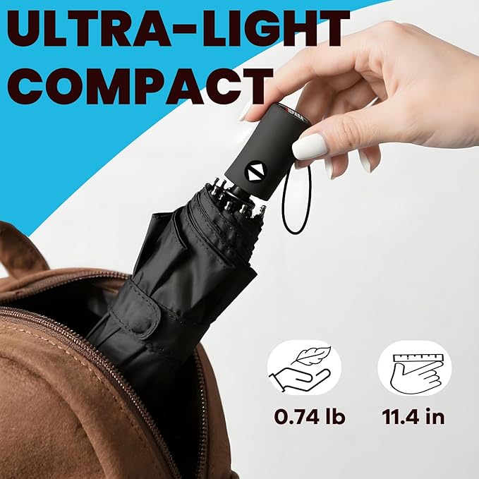 SIEPASA Compact Travel Umbrella - Windproof Auto Open/Close, Small Folding Umbrella for Rain - Lightweight & Durable with Fiberglass Frame, Waterproof Canopy - Fits Backpack, Purse, Suitcase. (Black)