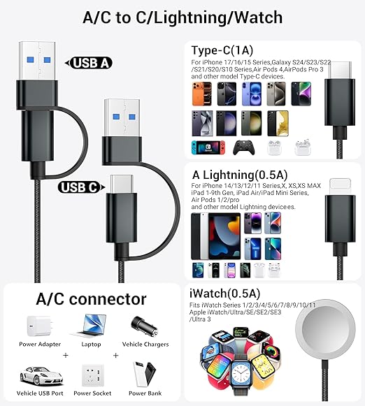 Temdan for Travel Vacation Essentials,3 in 2 USB C Cable for Apple Watch Charger/iPhone 17 Charger/Lightning,Multi Charging Cable Cord,Camping Essentials,Designed for iWatch &iPhone 16-12-4FT Black
