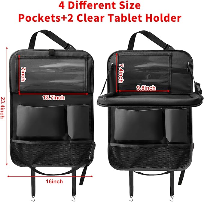 Etre Jeune Car Backseat Organizer with Tablet Holder, 6 Storage Pockets Seat Back Protector with Foldable Tray, Kick Mats Back Seat Cover for Kids Toddlers, Travel Accessories, 1 Pc