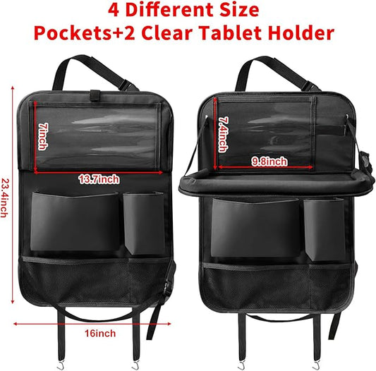 Etre Jeune Car Backseat Organizer with Tablet Holder, 6 Storage Pockets Seat Back Protector with Foldable Tray, Kick Mats Back Seat Cover for Kids Toddlers, Travel Accessories, 1 Pc