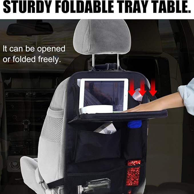 HSEAREA Car backseat organizer,with tablet holder, 6 storage pockets, foldable food tray, car seat back protectors kick mats, travel accessories, black (2)