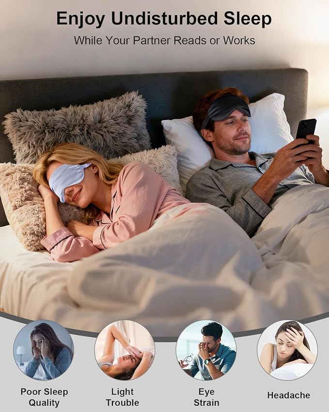 2Pack Silk Sleep Mask,IEKEODI Eye Mask for Sleeping，Elastic Blackout Eye Mask & Blindfold for Full Night's Sleep,Travel and Nap(Black+Purple)