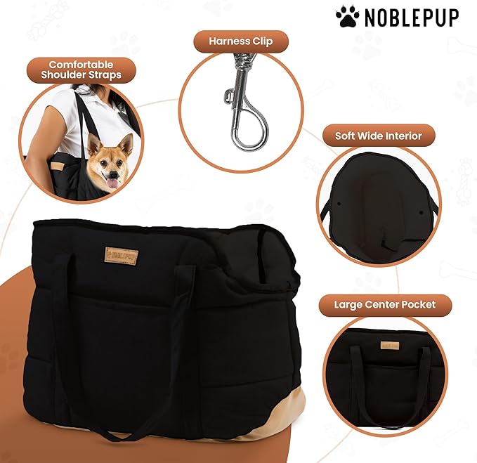 NoblePup Plush Dog Purse Carrier for Small Dogs, Soft Dog Tote Bag with Safety Harness Clip, Cozy Pet Carrier for Dogs Under 15 lbs, Comfortable Dog Shoulder Carrier for Travel, Black