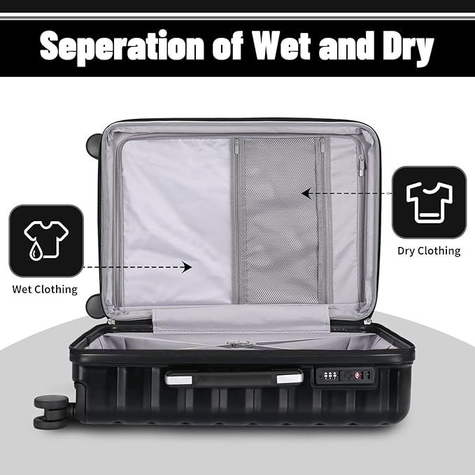 Lightweight Luggage with Spinner Wheels & YKK Zipper, Hard Shell 3-Piece Suitcase ABS+PC Hardside Luggage Set with TSA Lock for Men Travel, Black (20+24+28 inch)