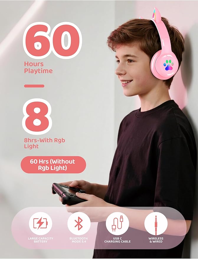 MIDOLA Kids Headphones Cat Ear Wireless Bluetooth 5.3 60H Over Ear, 8H with Led Light Foldable Headset with Aux 3.5mm Mic for Travel Pad Tablet Pink