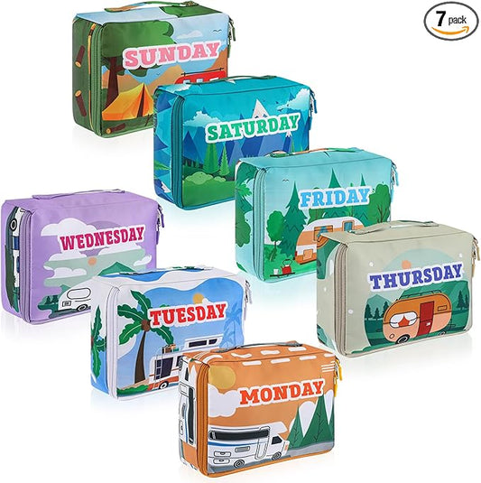 Paterr 7 Pcs Packing Cubes for Travel Kids Days of Week Compression Packing Cubes Colorful Luggage Organizers Suitcase Camp (Car)