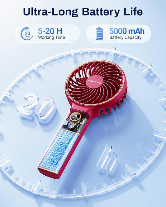 SWEETFULL Handheld Portable Fan, 5000mAh Rechargeable Battery, 6 Speed Wind, LED Digital Display, Foldable Electric Personal Mini Travel Fan with Backup Power, Summer Essentials Gifts for Women Girl