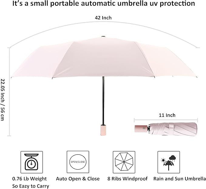 BAODINI Small UV Protection Travel Umbrella Compact for Rain and Sun UPF 50+ Windproof Portable 42 inch Umbrella for Women and Men