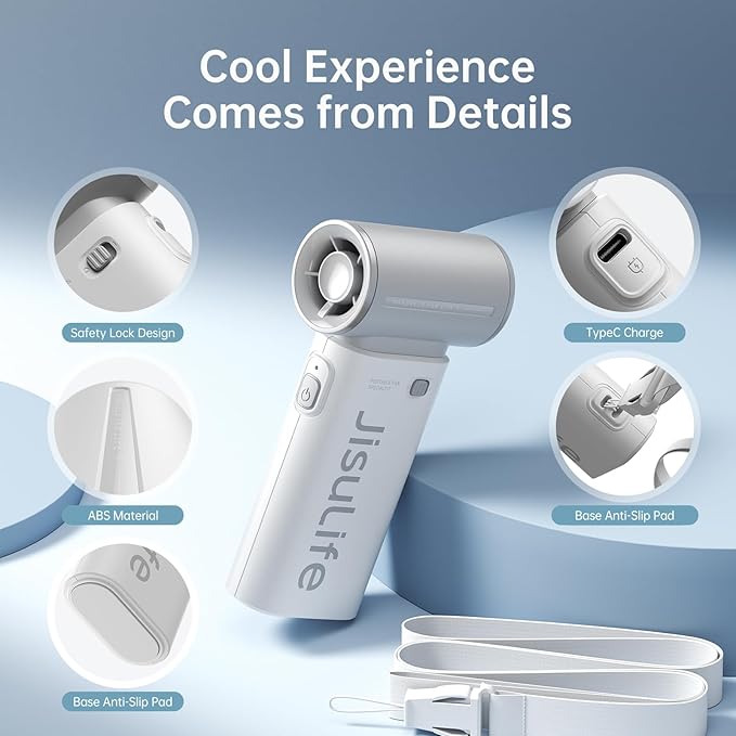 JISULIFE Portable Handheld Fan Life9, Turbo Power High Speed Air [18H Max Cooling Time], 5 Gear Wind, 5000mAh Rechargeable, Mini Pocket Design, Personal Fan for Travel Concerts Camping Makeup - Grey