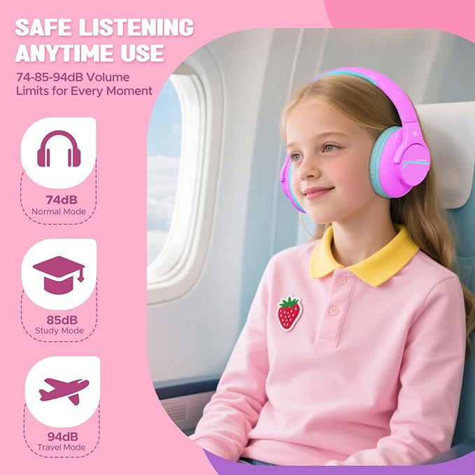 Nova1Lite Kids Wireless Active Noise Cancelling Headphones, Bluetooth 5.3, Safe Volume 74/85/94dB, Real 40H Battery, Type-C Fast Charging, boy Girl Built-in Mic for School Travel Airplane