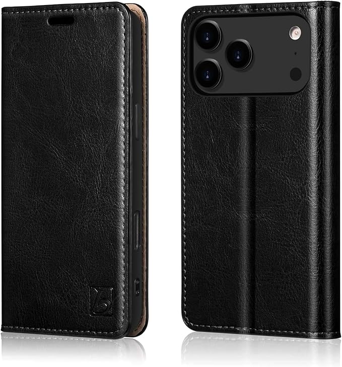 Belemay Leather Wallet Case Compatible with iPhone 17 Pro, Premium Cowhide Leather Two-Tone Effect, RFID Blocking Card Holders, Shockproof TPU Shell, Kickstand, Protective Flip Cover, 6.3", Black