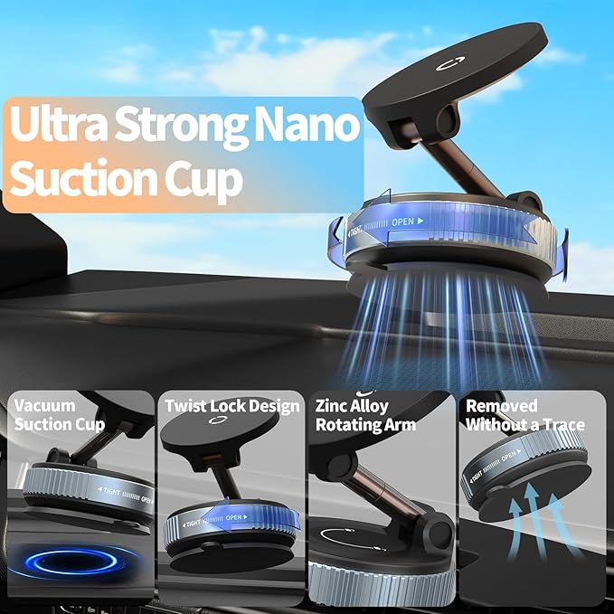 E EAKSON Wireless Car Charger - 15W Fast Wireless Charging Car Mount, 360° Adjustable Vacuum Magnetic Suction Phone Holders for Car, Magnetic Phone Holder for iPhone 17 16 15 14 13 12