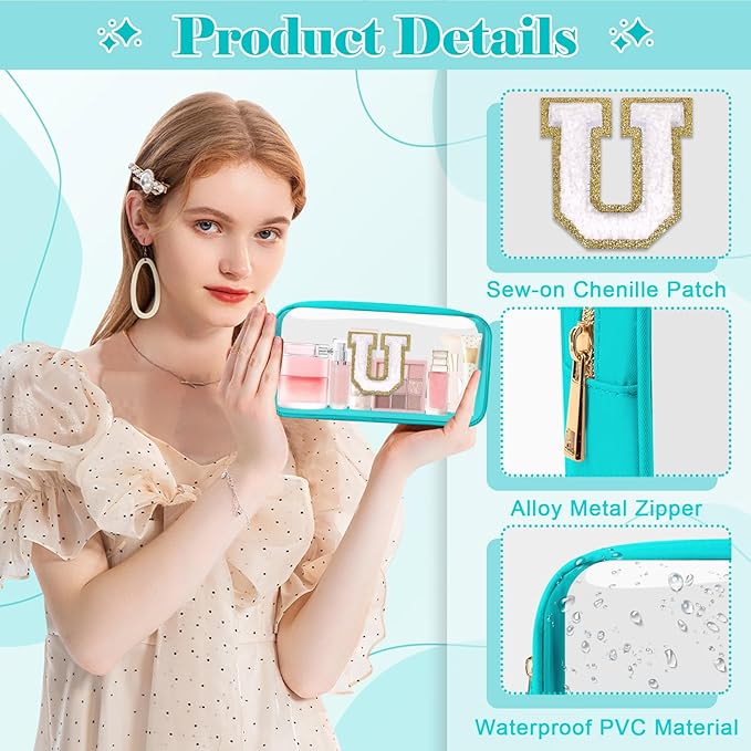 Personalized Initial Letter Clear Makeup Bag,Preppy Small Nylon&PVC Cosmetic Zipper Bag with Chenille Letter,Portable Beach Travel Skincare Toiletry Bag,Trendy Monogram Gift for Teen Girls Women,U