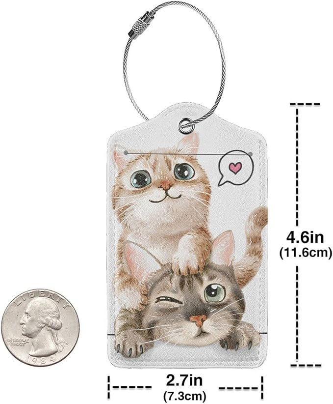 Set of 2 Cute Cats Luggage Tags for Suitcases Bag Tag with Full Back Privacy Suitcase Labels Identifiers, Funny Animals Pattern PU Leather Backpack Name Tags for Women Girls Teen Kids Boys Travel