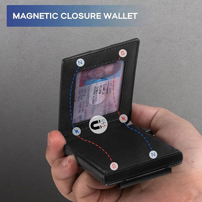 Zitahli Wallet for Men, Pop Up Metal Wallet with Money Clip & ID Window, RFID Blocking Credit Card Holder, Bifold Card Wallet Holds 8+ Cards Plus Cash Idea Gifts for Men