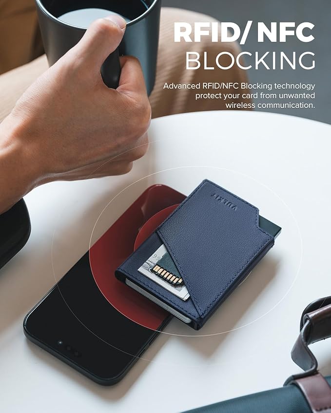 VULKIT Pop up Card Wallet Top-Grain Genuine Leather RFID Blocking Slim Aluminum Metal Bank Card Holder Case with Business Money Pocket for Credit Cards Notes and Coins Navy