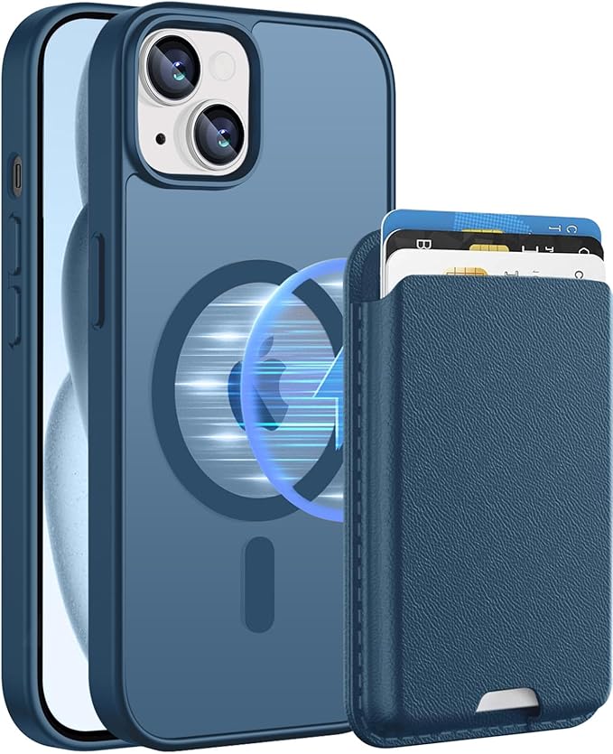 Magnetic for iPhone 14 Plus & iPhone 15 Plus Case (Compatible with MagSafe) with Detachable Wallet & Card Holder for 3 Cards [RFID Blocking] Military Grade Protective Slim Phone Cover, Deep Blue